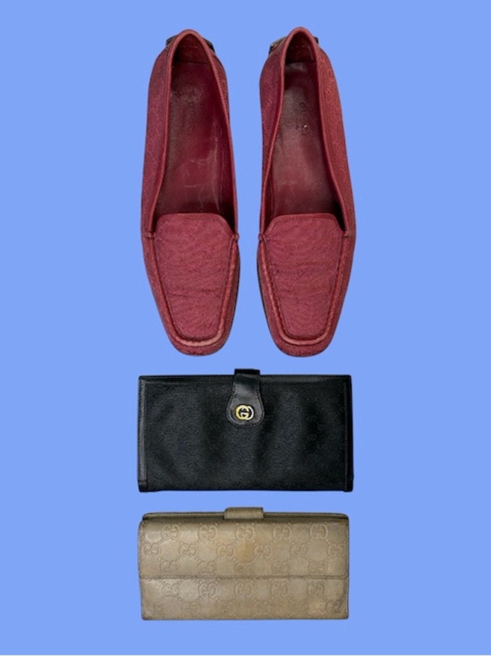 GUCCI Women’s Canvas Loafer Show Long Wallet Leather Pink Black Cream Bundle